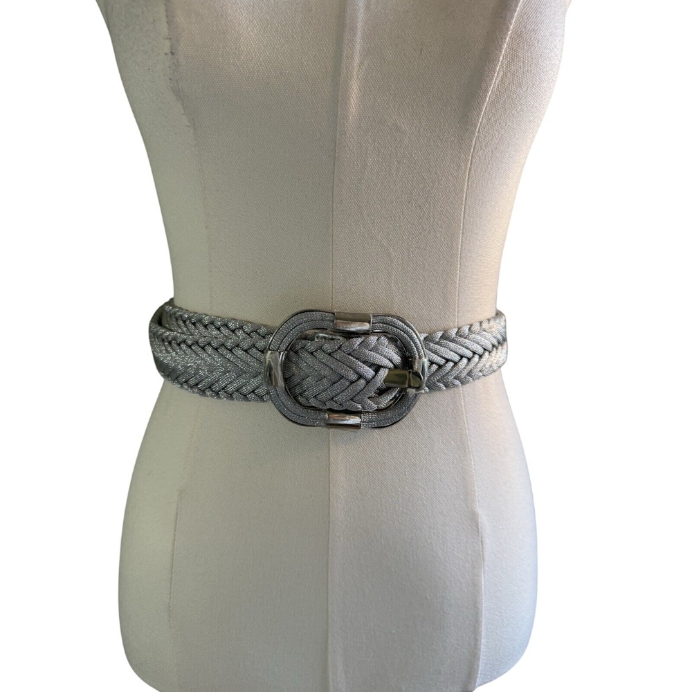 Metallic Silver Braided Belt Woven Adjustable Cord Silver Tone Buckle 43 Inch - Picture 3 of 5